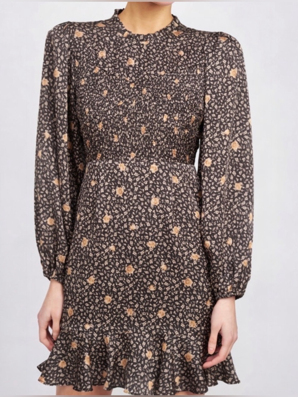 En Saison Black Floral Smocked Long-Sleeve Dress with Tan Accents